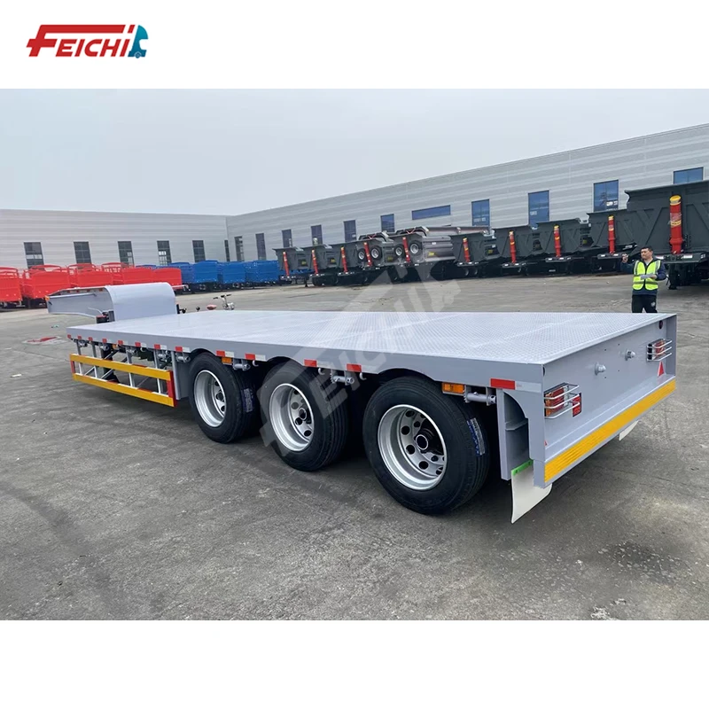 Feichi brand high quality 3 axles 11 meters lowbed SEMI-TRAILER TRANSPORT 50 TONS low flat semi trailer for sale