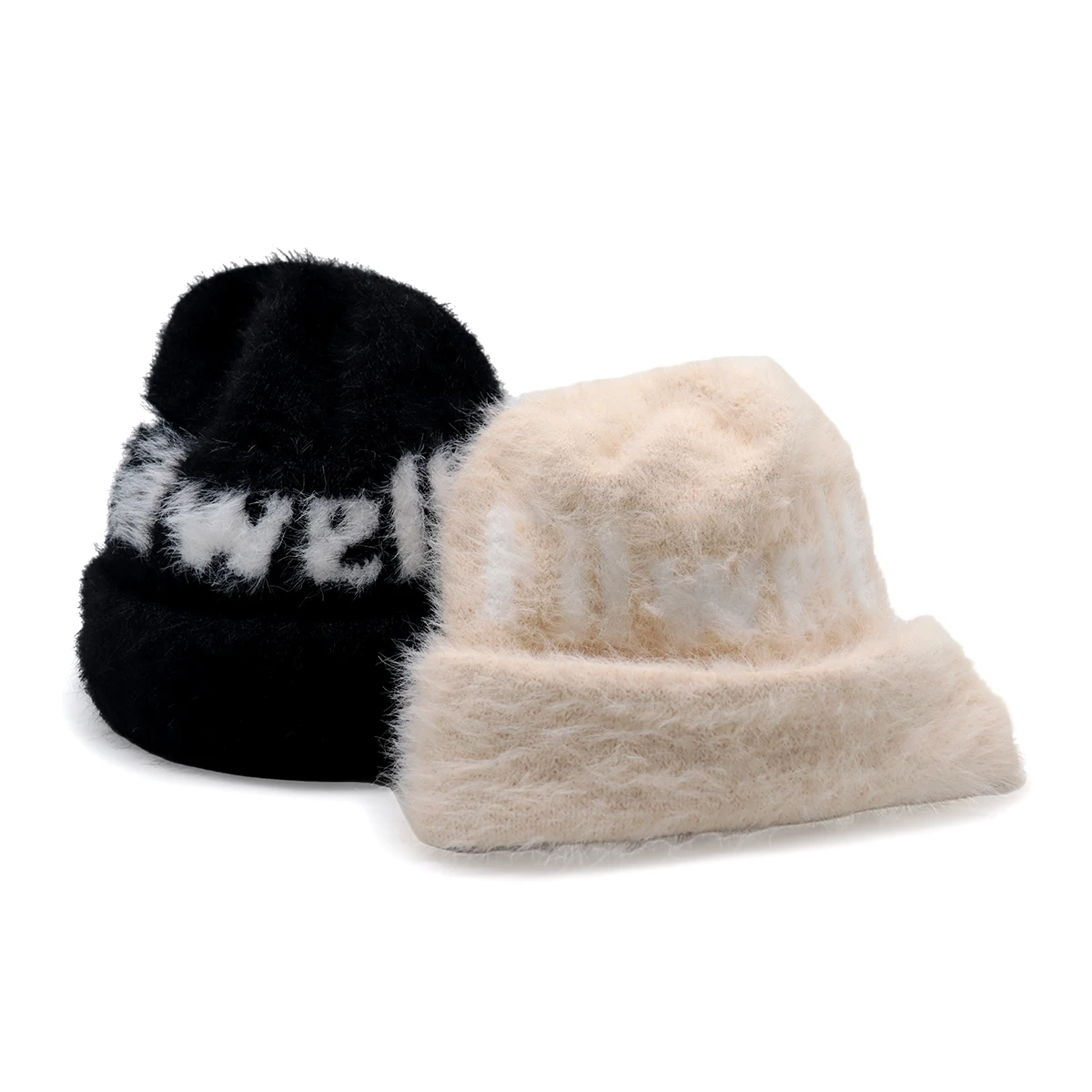 OEM Your Own Logo High Quality Fluffy Furry Fuzzy knit Rabbit Faux Fur Jacquard Custom Mohair Beanie Hats