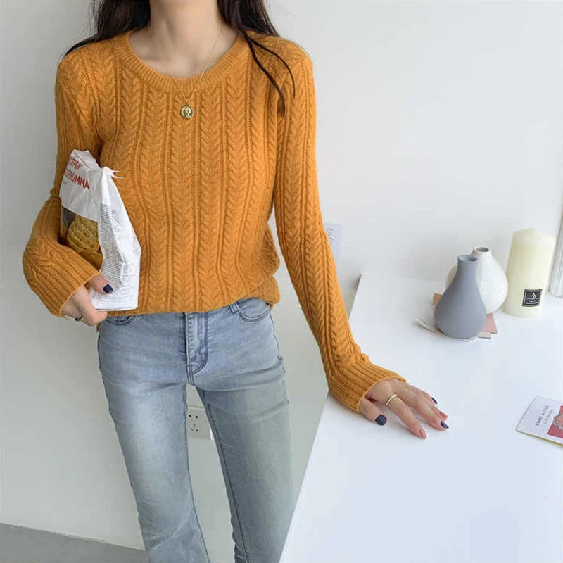 2021 new arrival woman tops fashionable crew neck long sleeve cable pullover vintage knit sweater