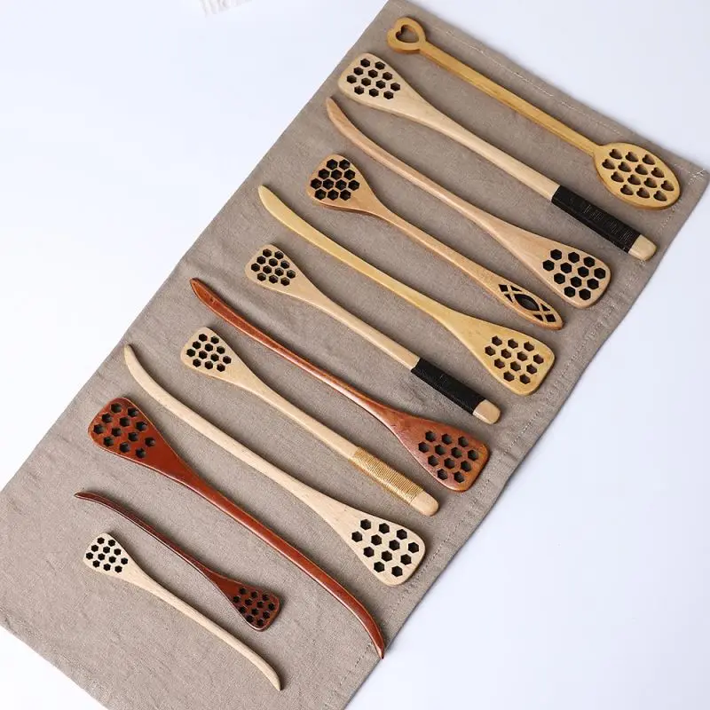 Custom Long Handle Honeycomb Wooden Honey Spoon Solid Wood Honey Stirring Spoon Dessert Jam Stirring Stick Wholesale