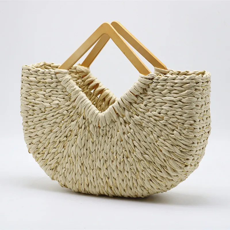 Wholesale Eco Friendly Lightweight Minimalist Handmade Woven Beach Beige Shoulder Wooden Handle Bag Straw Tote Bag