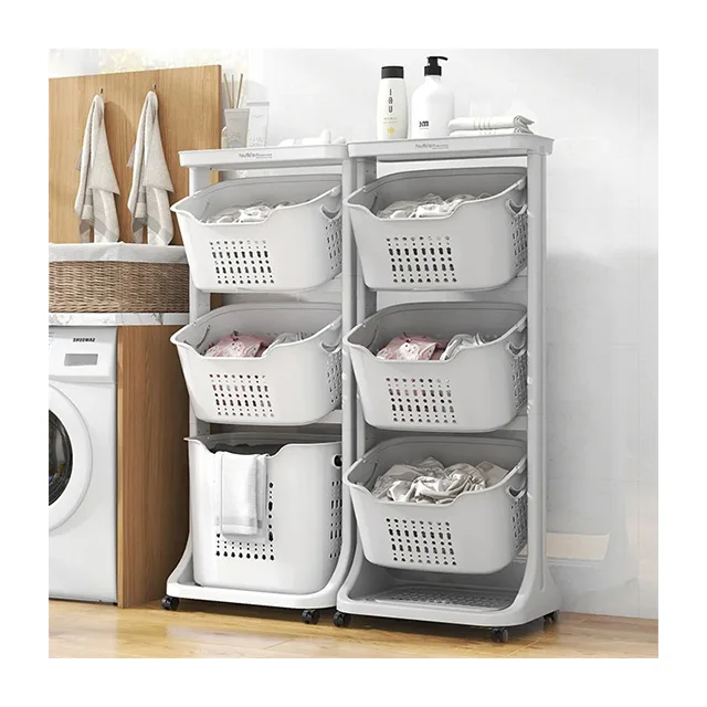Sesame Cheap Factory Price Multipurpose Vertical Rolling Layered Detachable Plastic Laundry Storage Basket