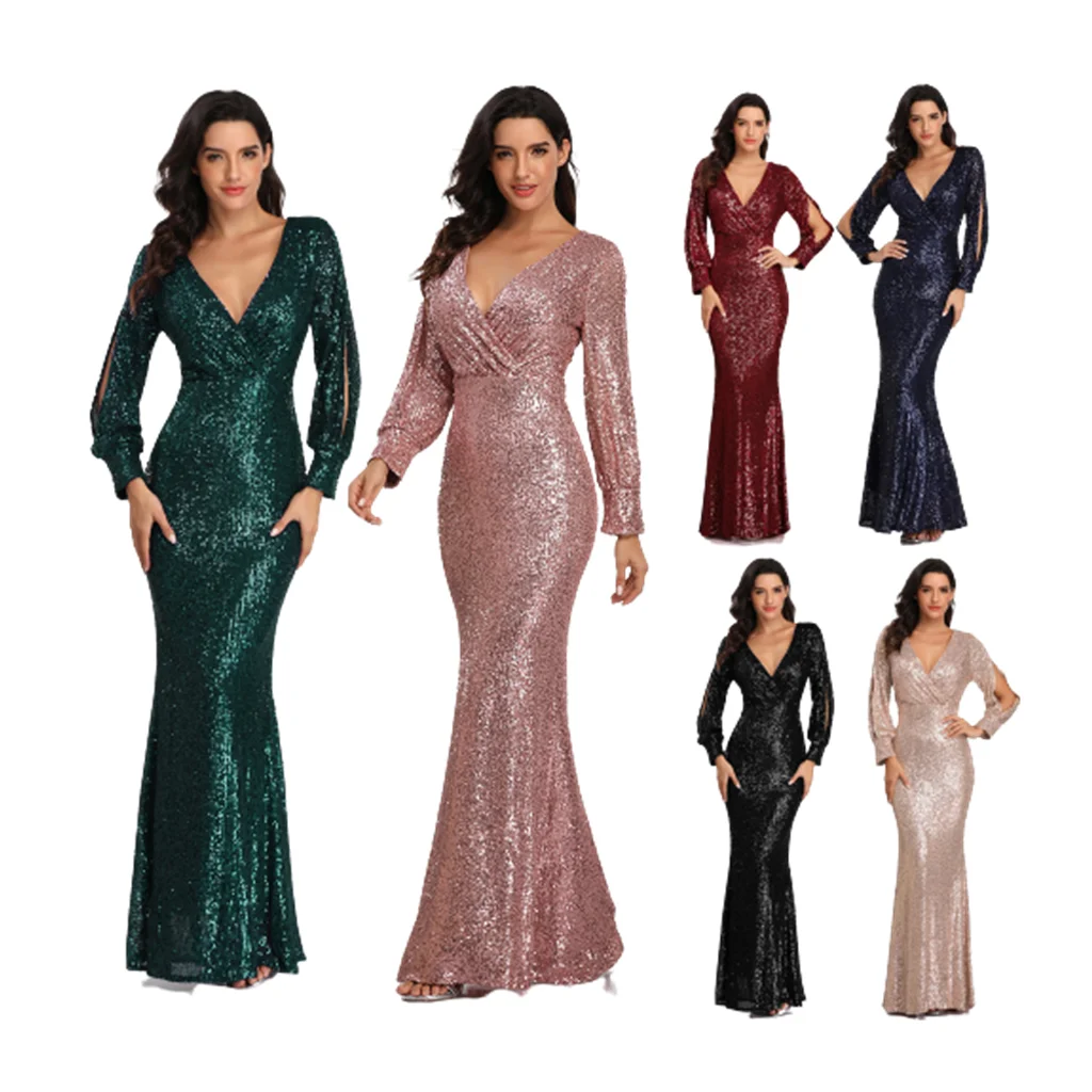 Вечернее женское платье-макси с блестками, сексуальное облегающее официальное платье с длинным рукавом, платья подружки невесты, американские размеры 4-22, оптовая продажа, одежда для вечеринки