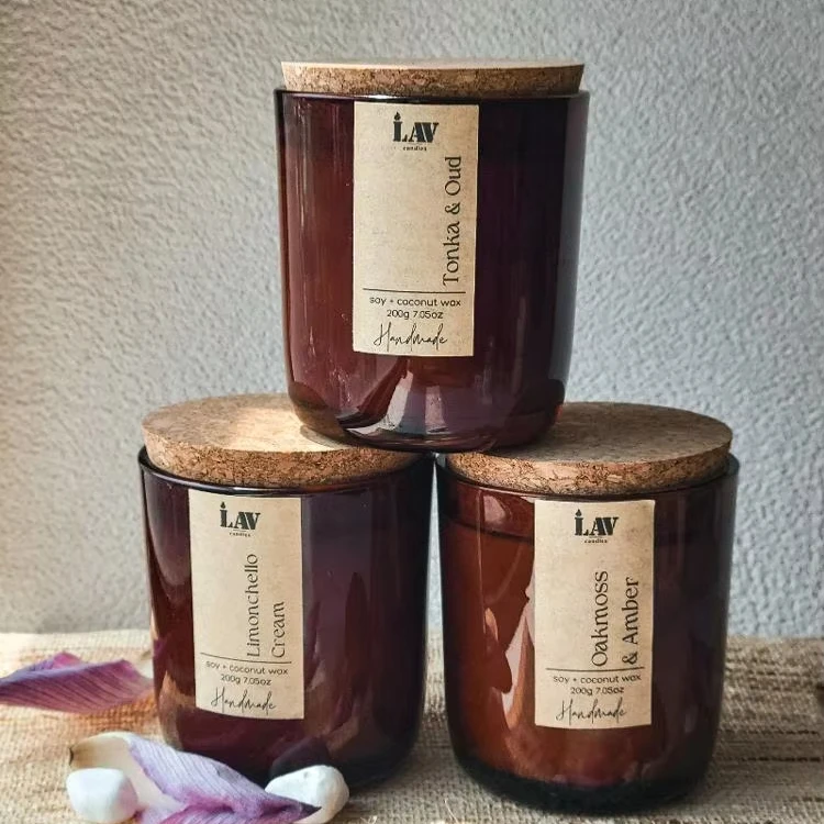 Empty Candle Vessel Luxury Frosted Matte Amber Glass Candle Jars Container With Bamboo Wood Cork Lid 8oz 10oz 14oz