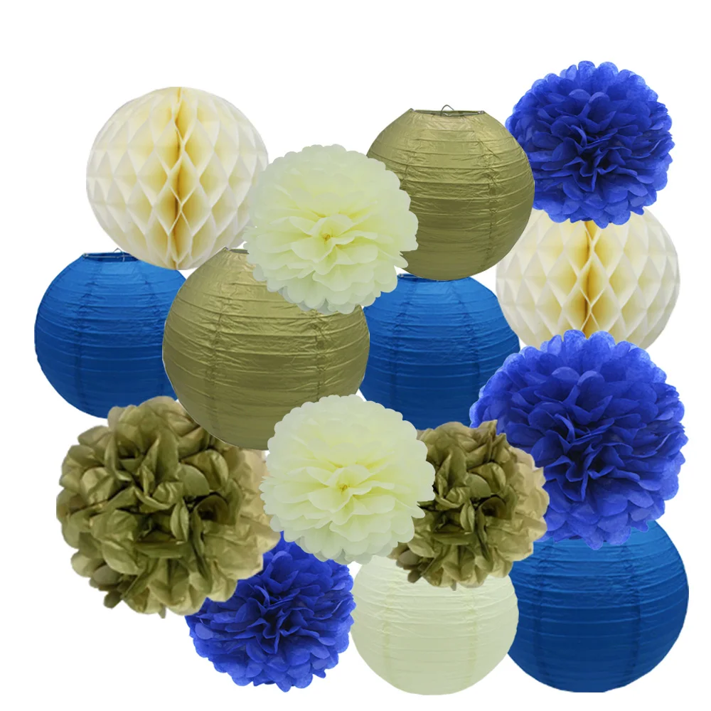 15PCS Blue Ivory Gold Paper Lanterns Pom Poms Honeycombs Party Decoration Set for Wedding Birthday Home Decor