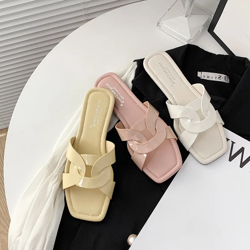 Cross-Woven Slippers Heels for Ladies 2022 Patent Leather Women Rubber Slippers Square-Toe Beach Hollow Plane Slipper