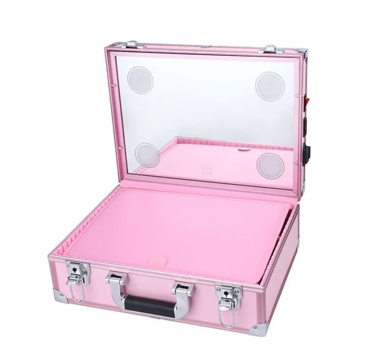 Professional pink black 3 color LED travel makeup train case with mirror light