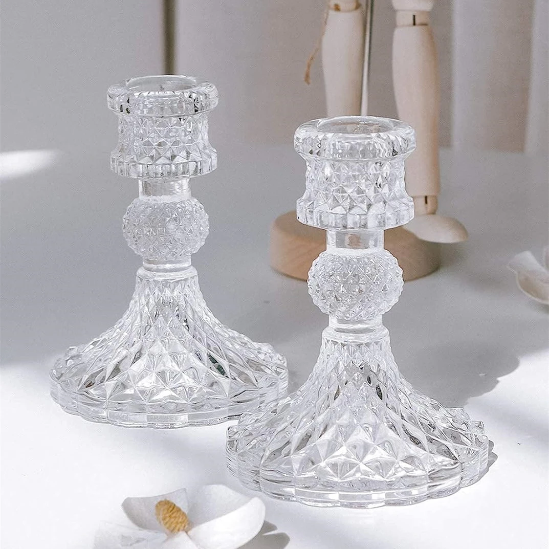 Tall Crystal Decorative Candle Stand Centerpiece Clear Glass Candlestick Holder Taper Candle Holder