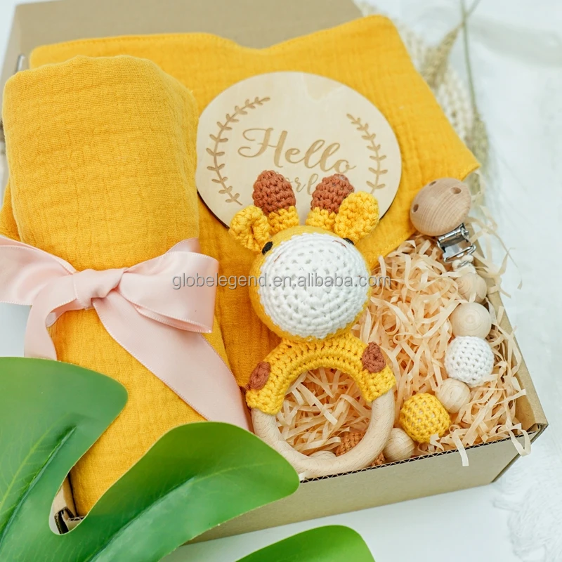 3 Pack Muselina Cotton Baby Muslin Swaddle Blankets Wooden Teething Ring Pink Baby Gift Set for crochet giraffe teether