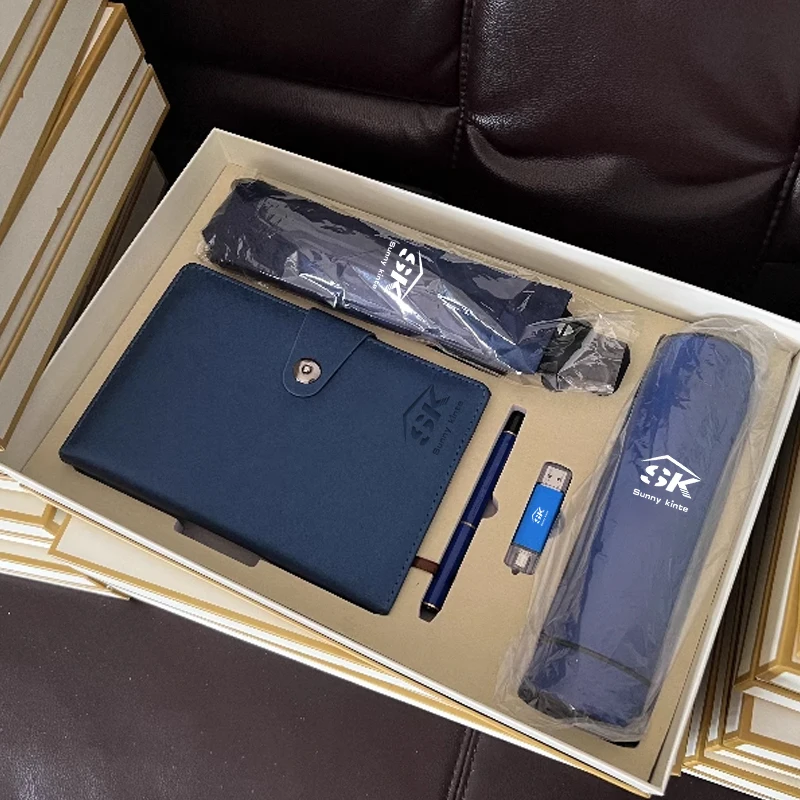 Corporate Gifts Souvenir For Guests Custom Logo Flask Fan Pen And Umbrella Combo Gift Set Umbrella Flask