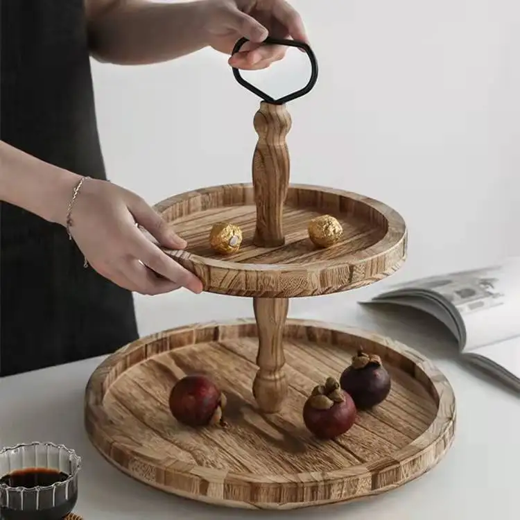 Wholesale customized 2 ply or 3 ply ply acacia wood round tray Crown iron frame Used for home decoration display farmhouse count