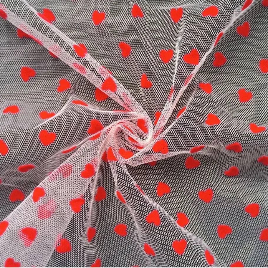 Width 150 cm Polyester Spandex Flock Mesh Lace Fabric Love Shape Veil Tulle Fabric for Women Skirt Wedding Bridal Dress