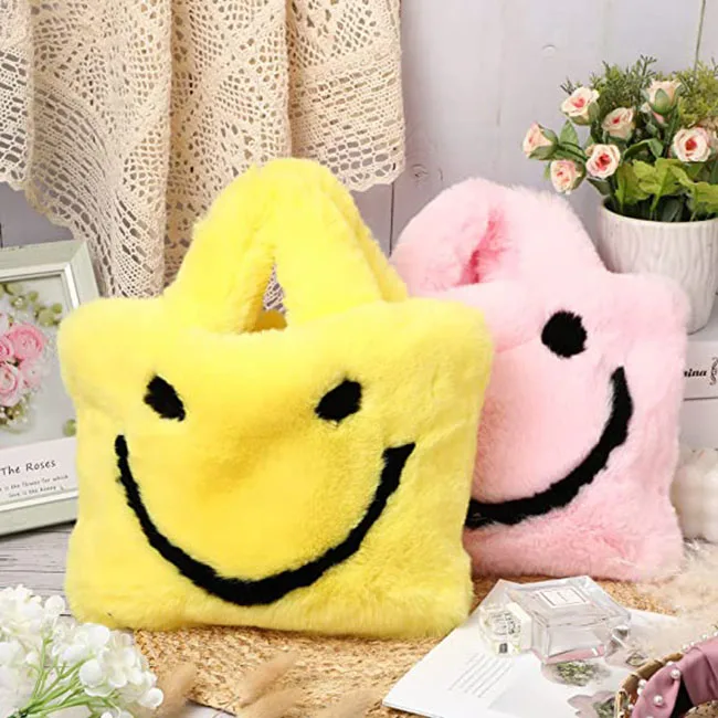 3183 Cute Fluffy Yellow / Pink Smile Face Design Plush Women Handbag Portable Faux Fur Clutch Tote Bag Girls Gift Plush Bag