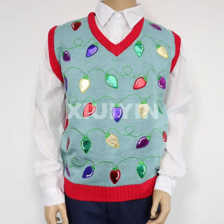 
Multi-Color ugly Christmas sweater Vest with pockets embroidered pattern Winter thick jacquard cardigan with buttons 