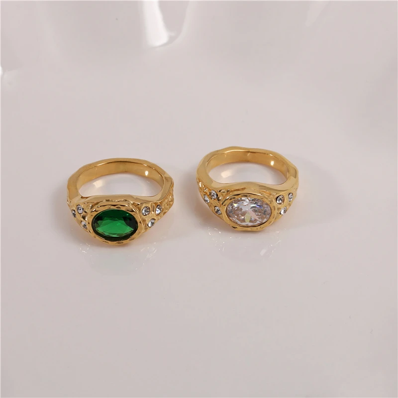 High End 18K PVD Gold Plated Hammered Emerald  Clear Stainless Steel Ring Women Rings Tarnish Free Waterproof  Jewelry