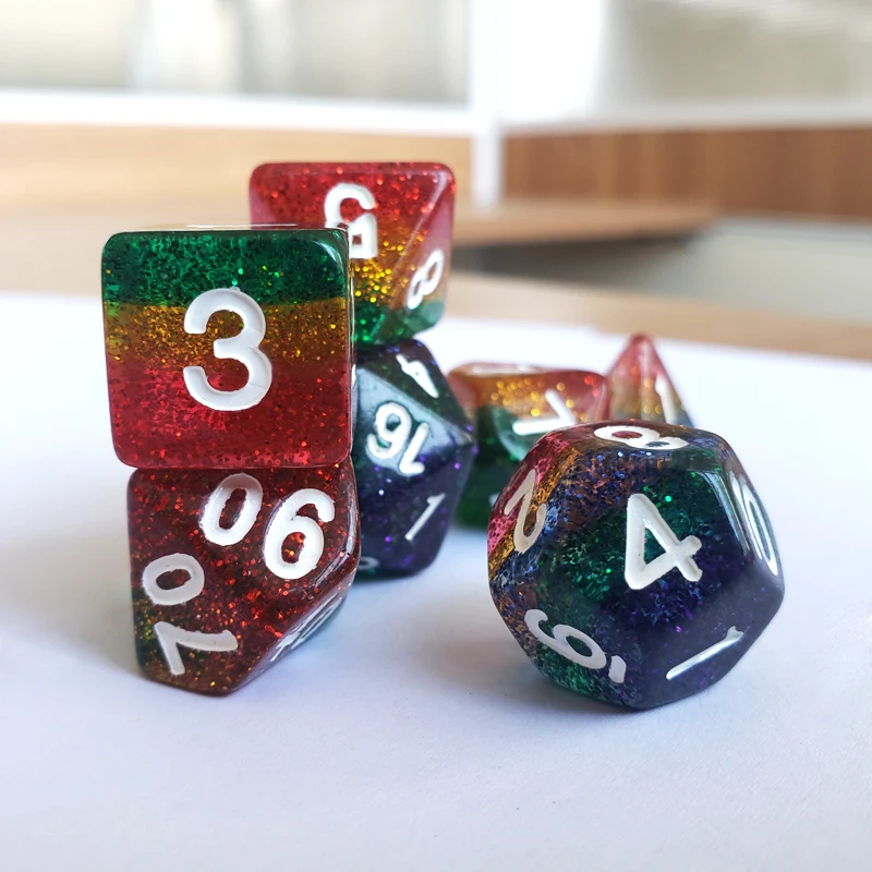 Custom Logo RPG DND Polyhedral Glittering Resin Dice New Design Multiple Layers Colored Bulk Dice Set of 7pcs
