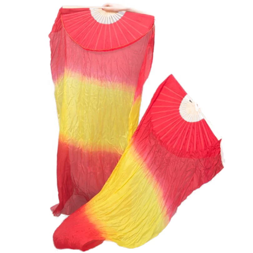 Wholesale Professional fire color double-sided Bamboo fans with veil for unisex dance performance