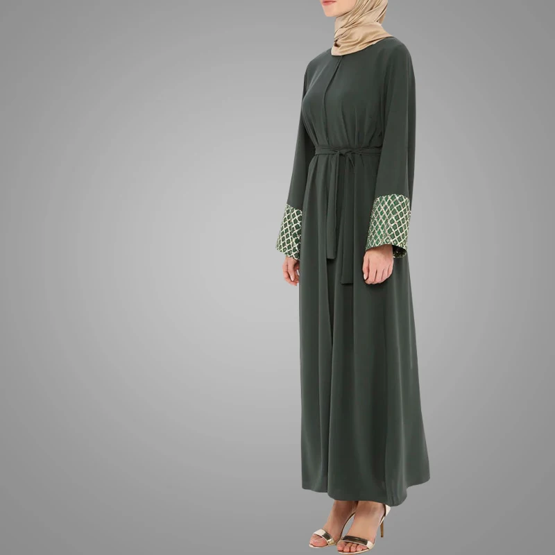 Simple Design Long Sleeve Burqa Muslim Dress Green Open Abaya With Belt Loose Islamic Clothing Kimono Cardigan