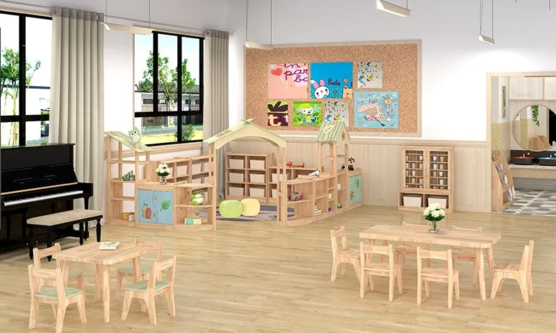 Kindergarten art area solid wood furniture baby learning interactive multifunctional combination table and chair