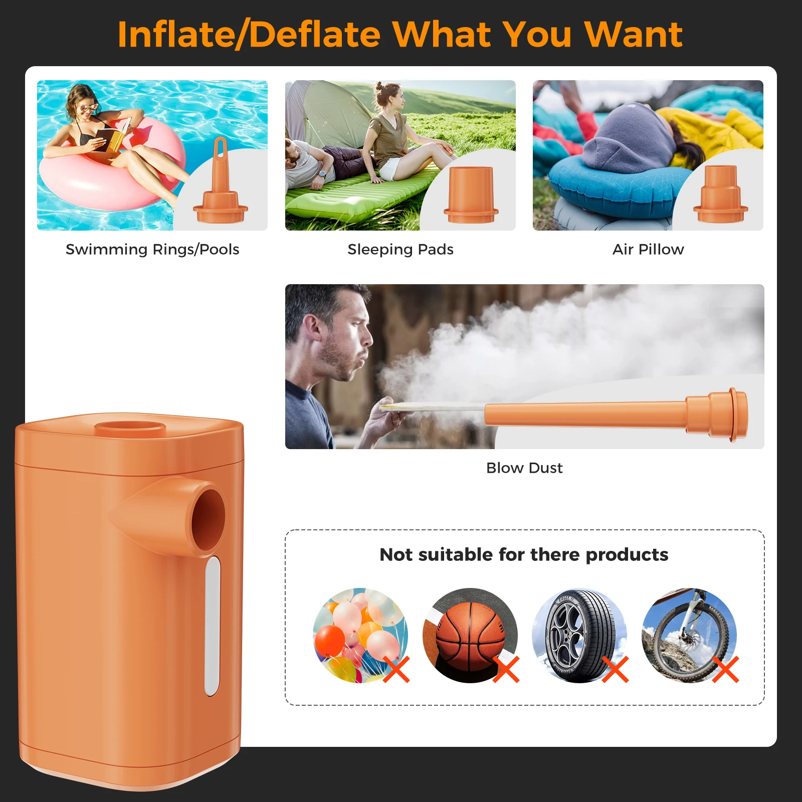 Inflate Deflate Blow dust Illumine Inflatable mattress swimming ring outdoor portable air pump 2000mA battery cordless air pump