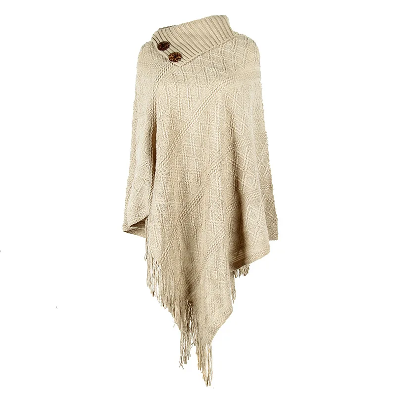 
2021 New Buttoned half-open collar pullover diamond plaid ladies tassel knited shawls 