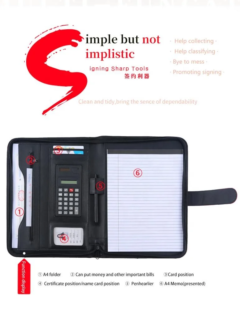 Custom Red PU Leather Snap A4 Document Folder,Padfolio With Calculator for Promotion Gift,Zippered Padfolio For Women Leather