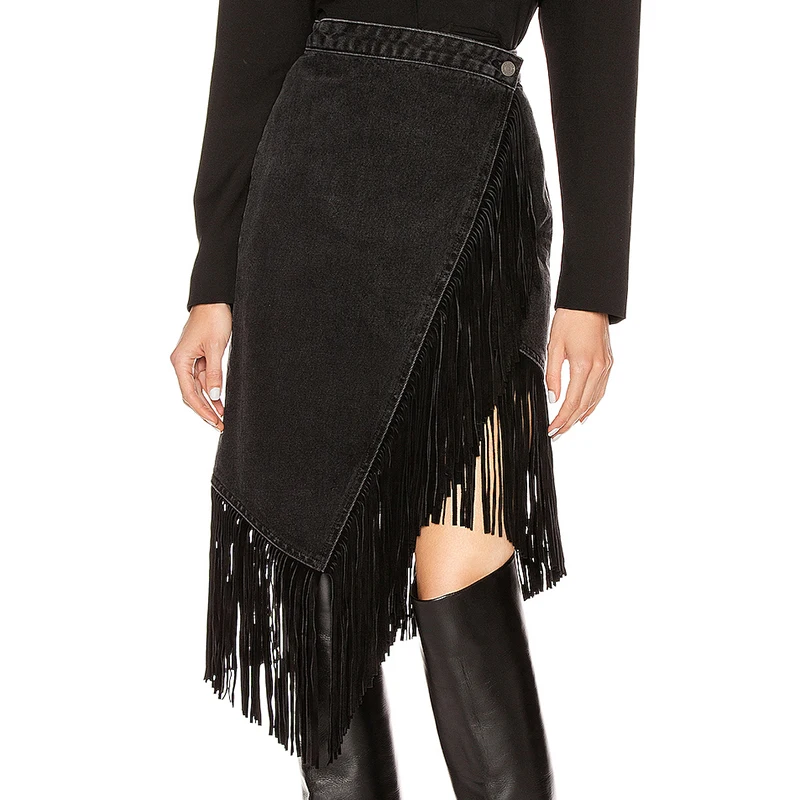 Замшевая юбка с асимметричным подолом и бахромой, черная джинсовая хлопковая юбка с запахом и бахромой