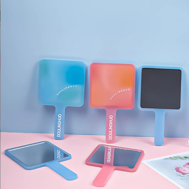 Private Label Custom Logo Plastic Square Portable Handle Handheld Hand Held Makeup Mirrors