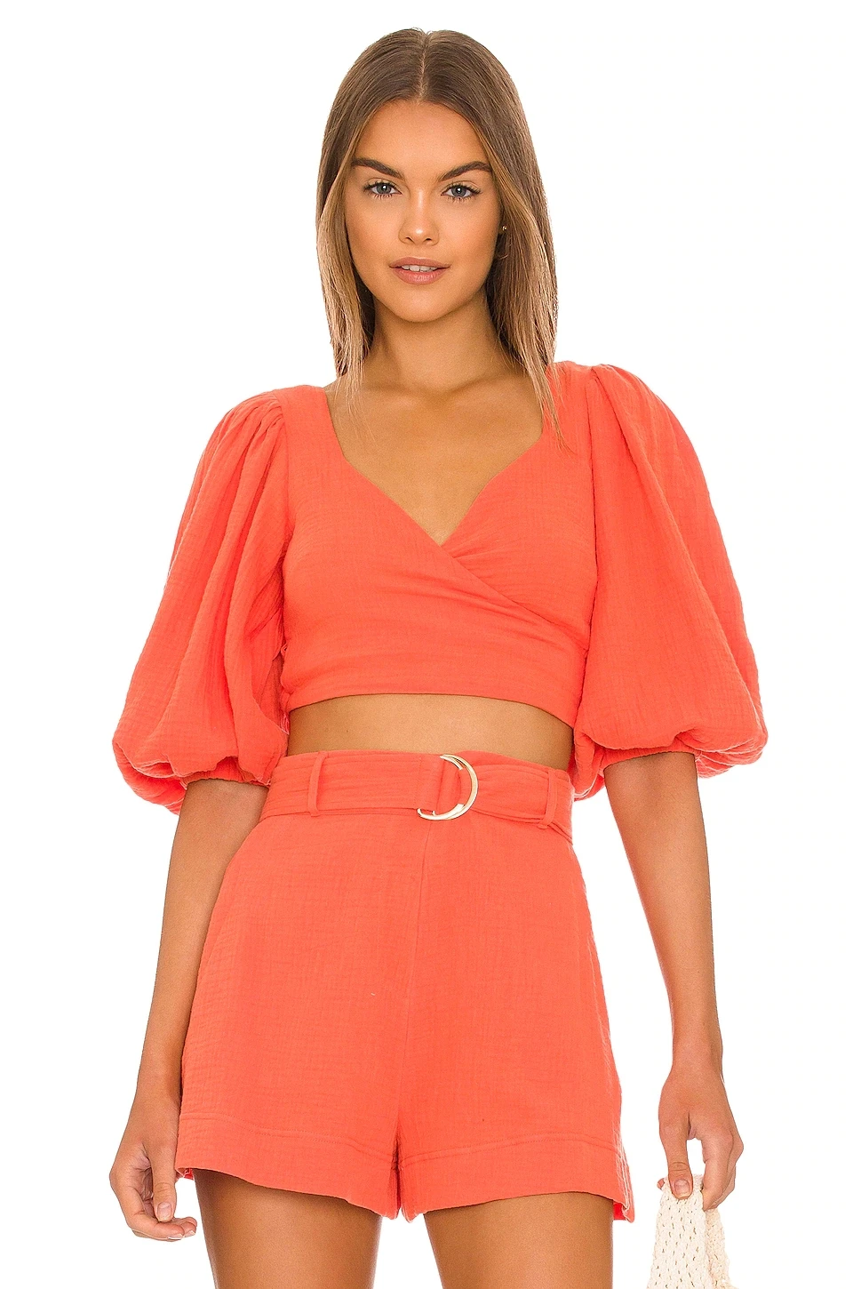 Custom logo Puff Sleeve Wrap crop top and Hart Belted shorts loungewear set  tank top shorts sets Women  2 Piece Set