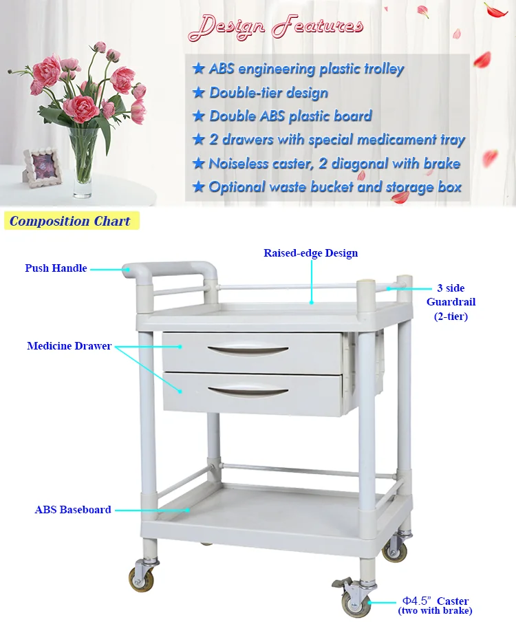 Manufacturer direct hospital medicine plastic drawer medical trolley with wheels
