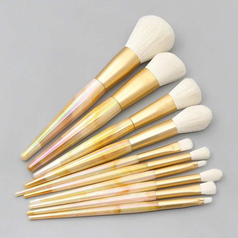 high end professional yellow Laser marbled conical plastic handle 10pcs/set synthetic makeup brushes