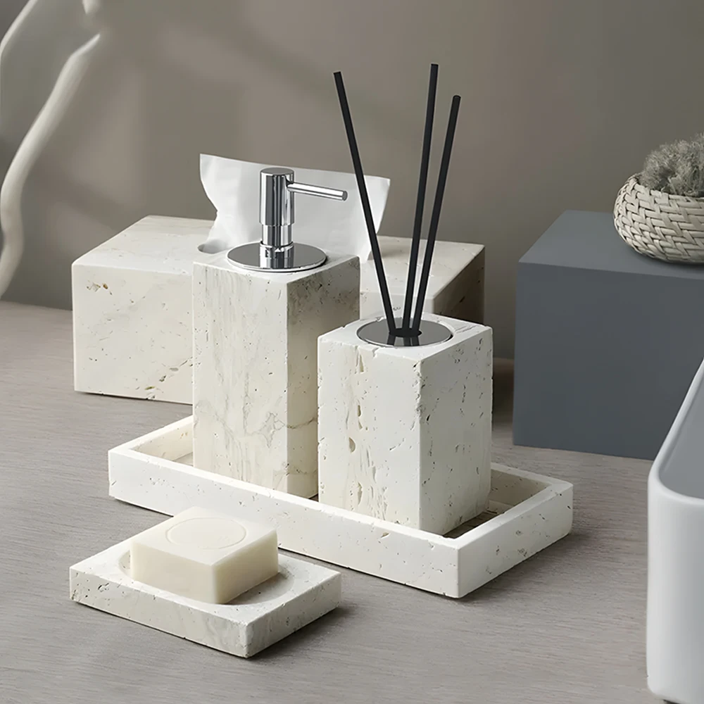 White Travertine Stone Tray Sanitary Set Travertine Marble Bathroom Set for Home Accessory Set