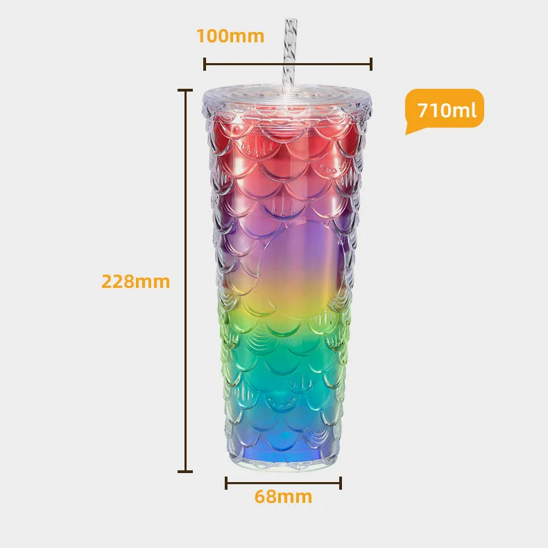 Personalized Car Water Cup Coffee fish  scale glitter 24oz Insulated Double Wall Plastic Acrylic Cups with straw and lid