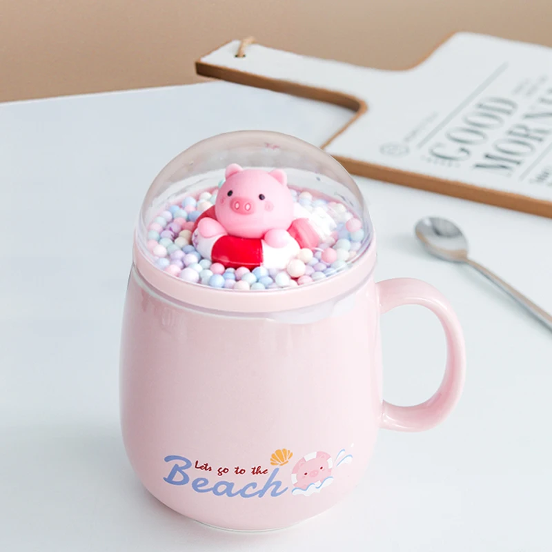 Cartoon Animal Micro-landscape Swimming Ring Ceramic Cups Coffee Mug Couple Water Cup With Lid Spoon