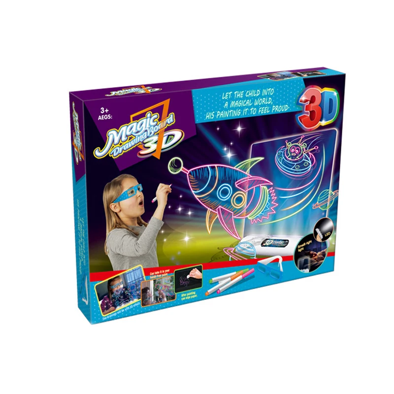 Educational Light Up 8 Colors Colorful Space Doodle Drawing Board Magic 3D Pad For Kids With 3D Glasses