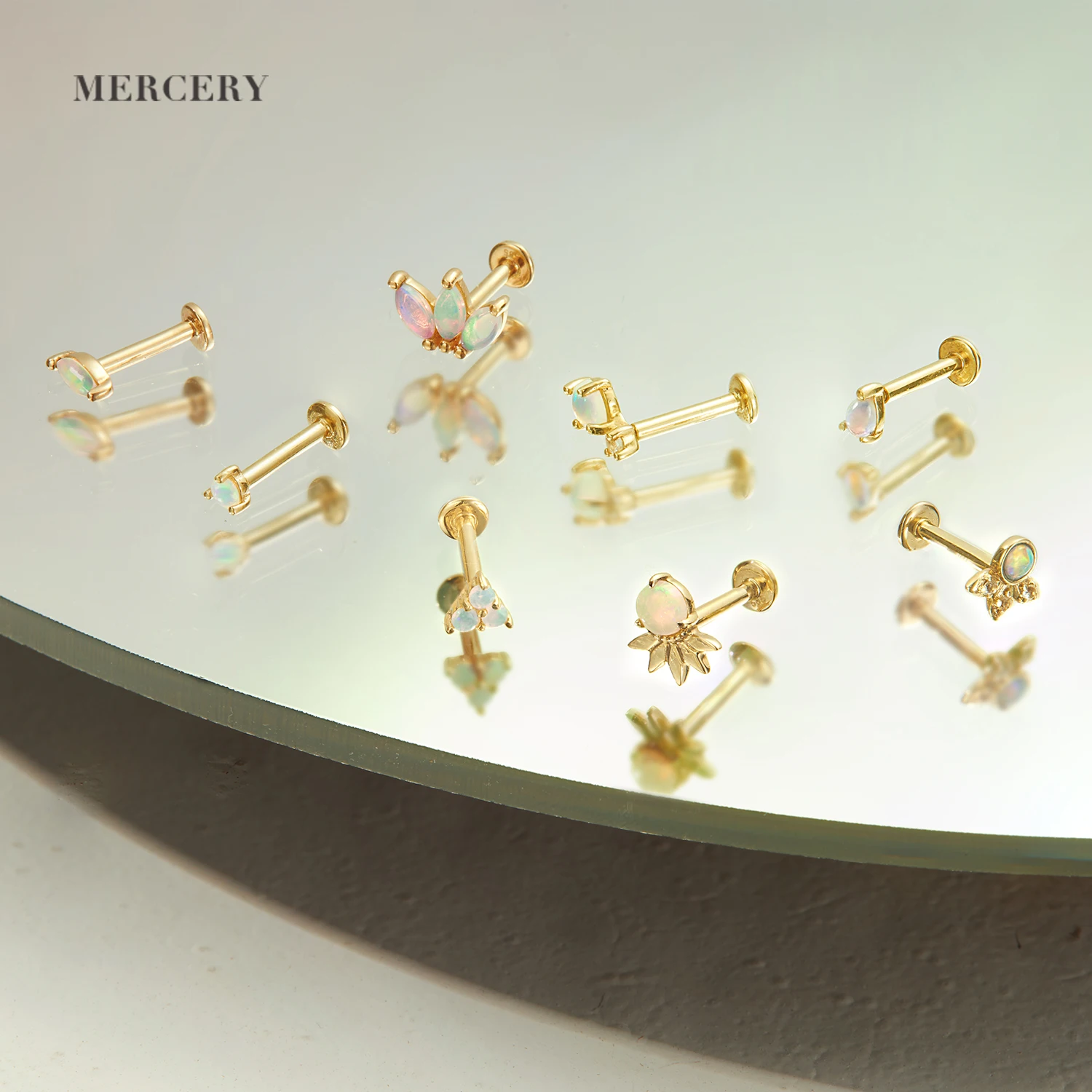 Mercery body piercing jewelry real gold flatback oro 14 k 18k 9k luxury opal internally threaded 14k solid gold piercing earring