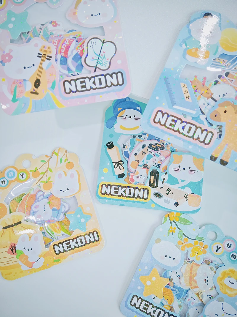 Nekoni Animal Original Chinese Vintage Stickers Kitty Bunny Otter Little Dog Panda Bear Sticker Pack Sparkly Glittery Stickers