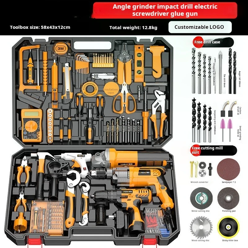 118PCs High-Power Tool Kit with Impact Drill Angle Grinder 12V Lithium Electric Drill Glue Gun Sander OEM Supported