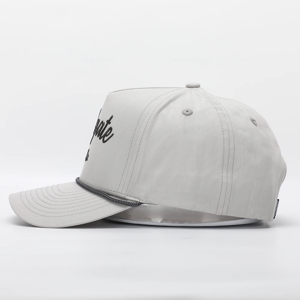 BSCI Factory Custom 5 Panel Grey Rope Hat,High Quality Embroidery Logo Curved Brim Quick Dry Nylon Snap Back Baseball Cap