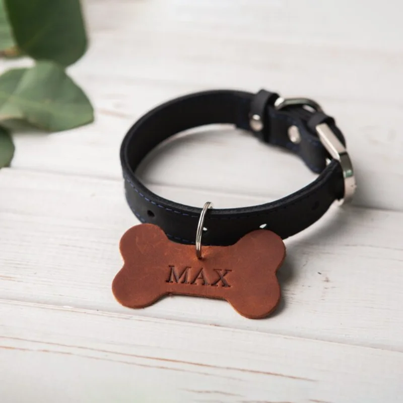 Custom Logo Dog Collar Tag Key Ring Cat Dog Name Tag Genuine Leather Bone Shape Dog Tag