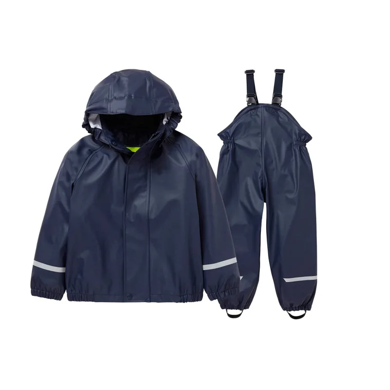 unisex outdoor play hiking sand waterproof warm PU clothing recycle rain suit jacket and trousers kids rain coat sets