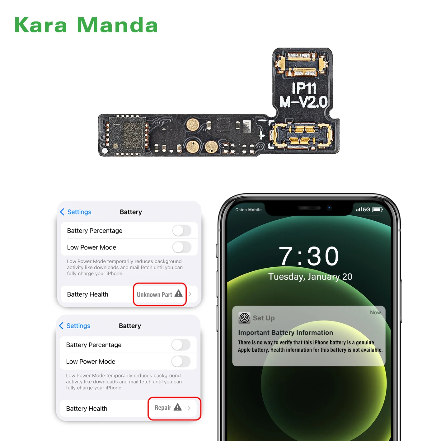Kara Manda 2023 for 11 12 13 Pro Max Mini iPhone Health Battery Repair Flex Cable Solve Battery Encryption Remove Error Warning