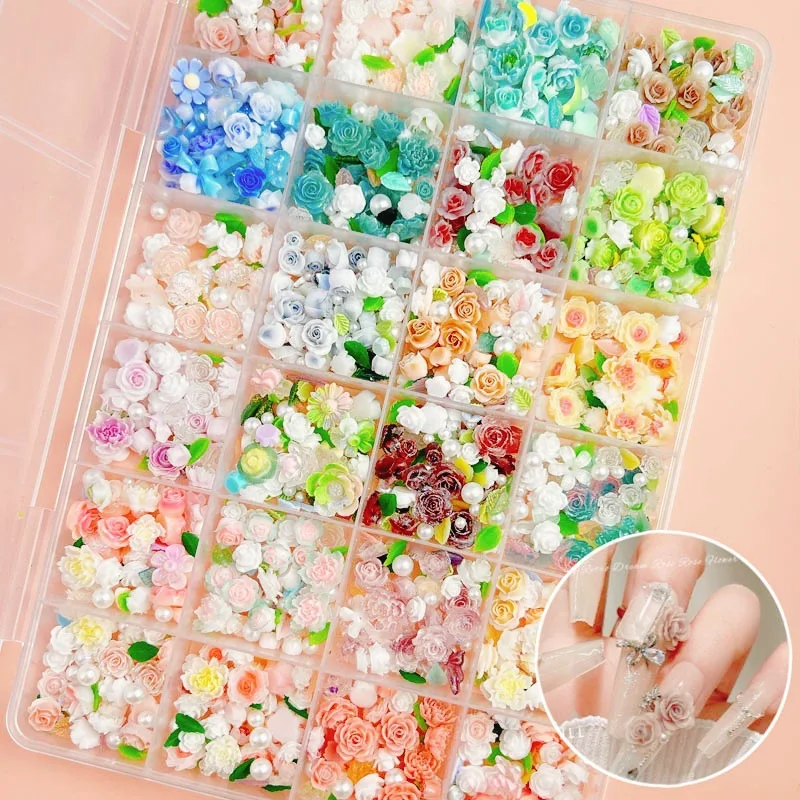 Nail Supplies 24 Grid Best Selling Bulk 3D Resin Rose Flowers Butterfly Nail Charms  Bow Pearl Rhinestone Jewelry Accessories