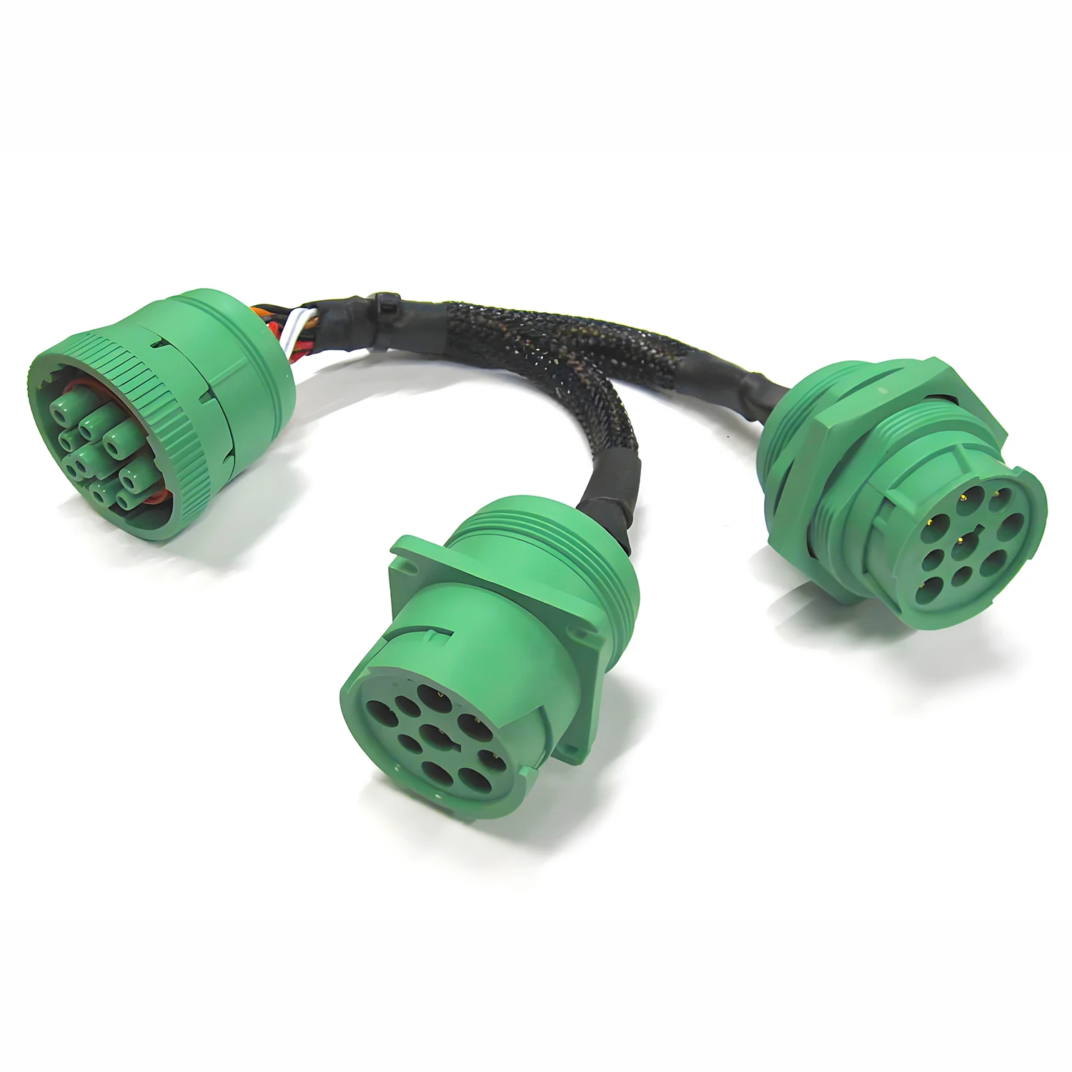 Custom Green Type2 Deutsch 9Pin J1939 Male to 2 Female Adapter Splitter Extension Cable ELD J1939 Y Splitter With Flange Jam Nut