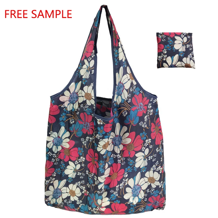 Wholesale Cheap Blue Polyester Foldable Pocket Tote Bag Custom Plastic Wholesale Reusable Shopping Bags