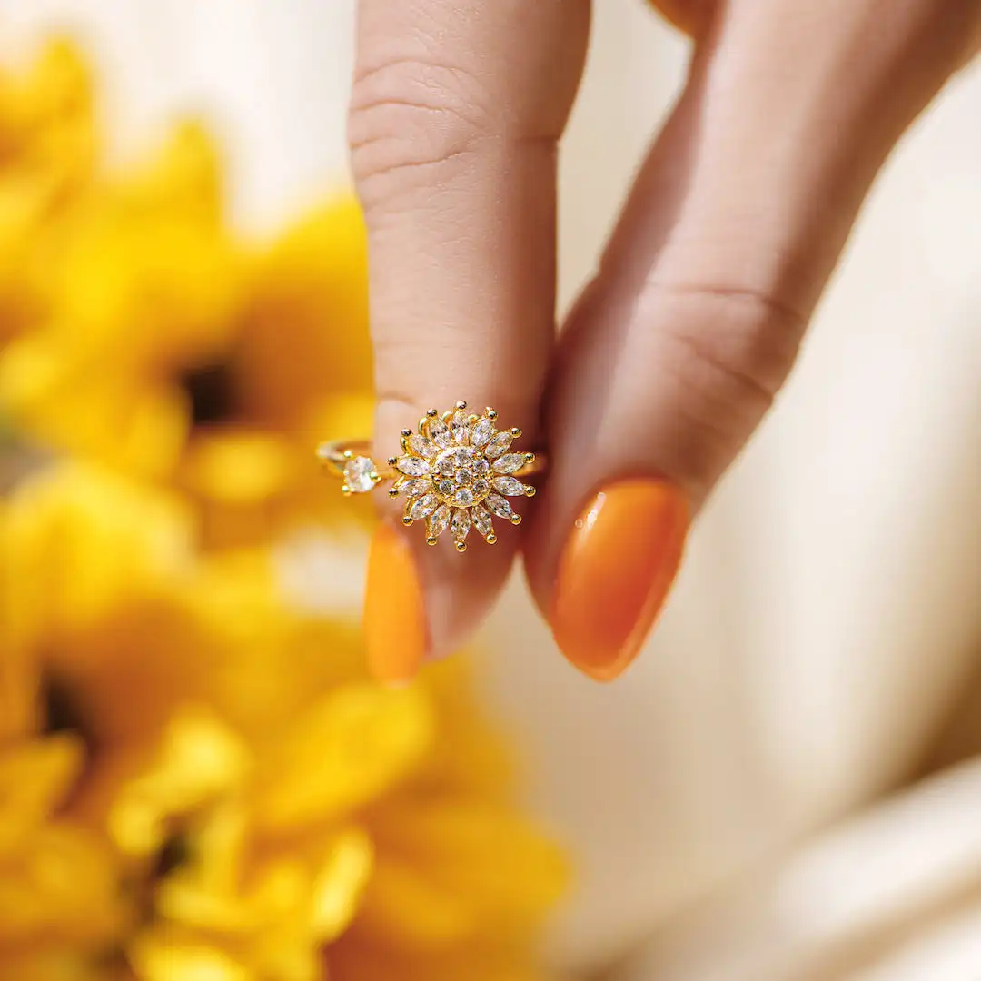 Кольцо RFJEWEL для моей дочери с подсолнухами 18 карат/24 карат позолоченное Латунное вращающееся регулируемое кольцо