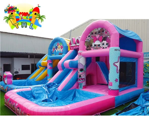 Pink Dolls commercial indoor inflatable bounce house combo wet dry slide