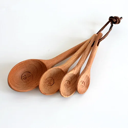 Beech Wooden Measuring Spoons Sets of 4 Engraved Accurate Spoons for Dry and Liquid Ingredients, Nature Beech Wood with Loop