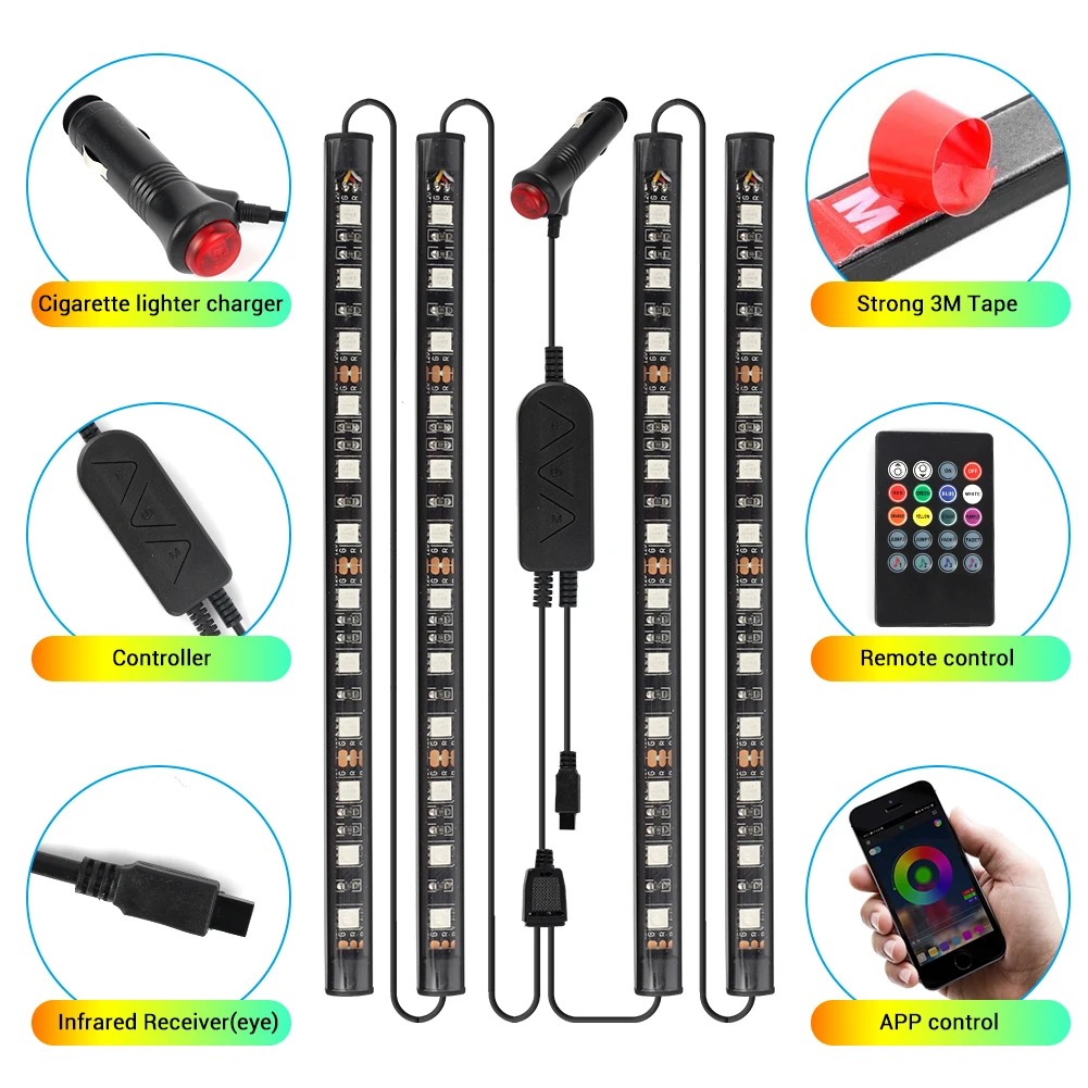  12V светодиодные ленты Автомобильные фары гибкое управление музыкой rgb автомобиля с атмосфера приложение