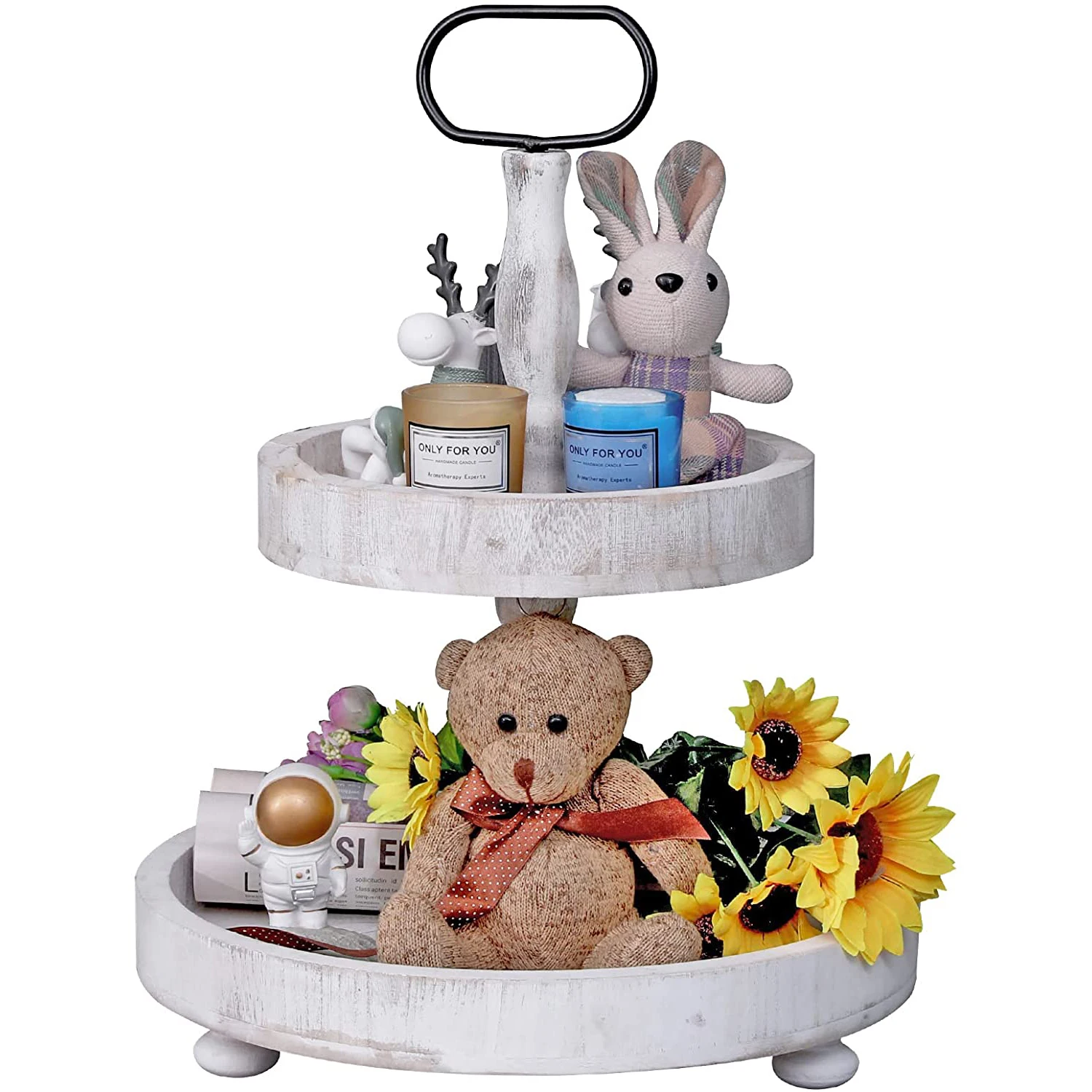 Белый подставка для свадебного торта украшения для кухни центральным шкворня с эффектом потертости в винтажном стиле; Круглый деревенский твердой древесины 2 уровня дом сервировочный поднос